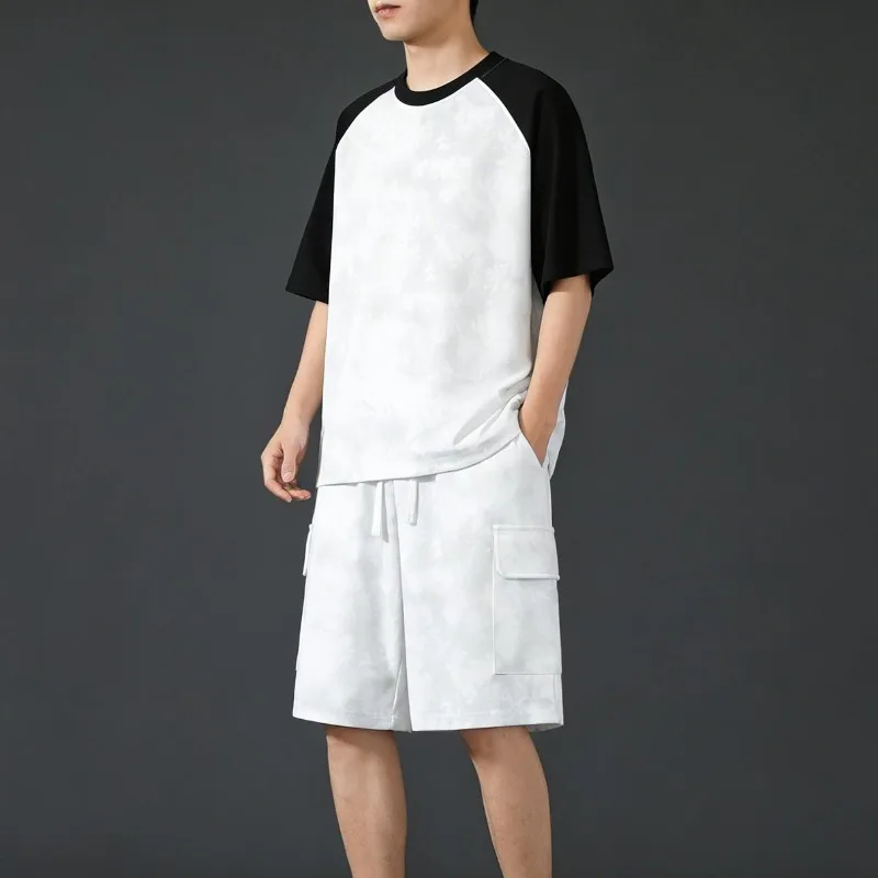 

Summer Men's Outfit Set Color Block Top and Bottom Elastic Waist Shorts Breathable Fabric Retro Vintage Street Style Two Piece