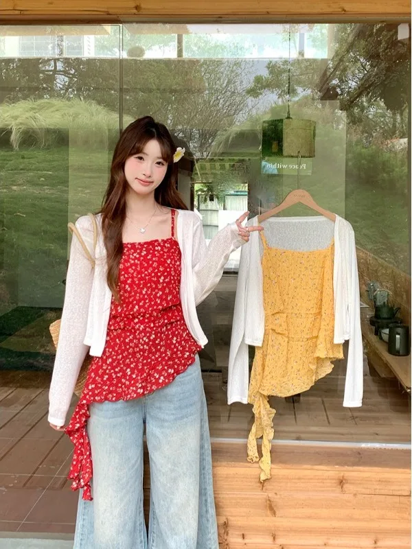 

Floral Print Halter Top And Cardigan Two-Piece Set plus Size Slimming Summer Fashionable Women's Sun Protection Vest And Sweater