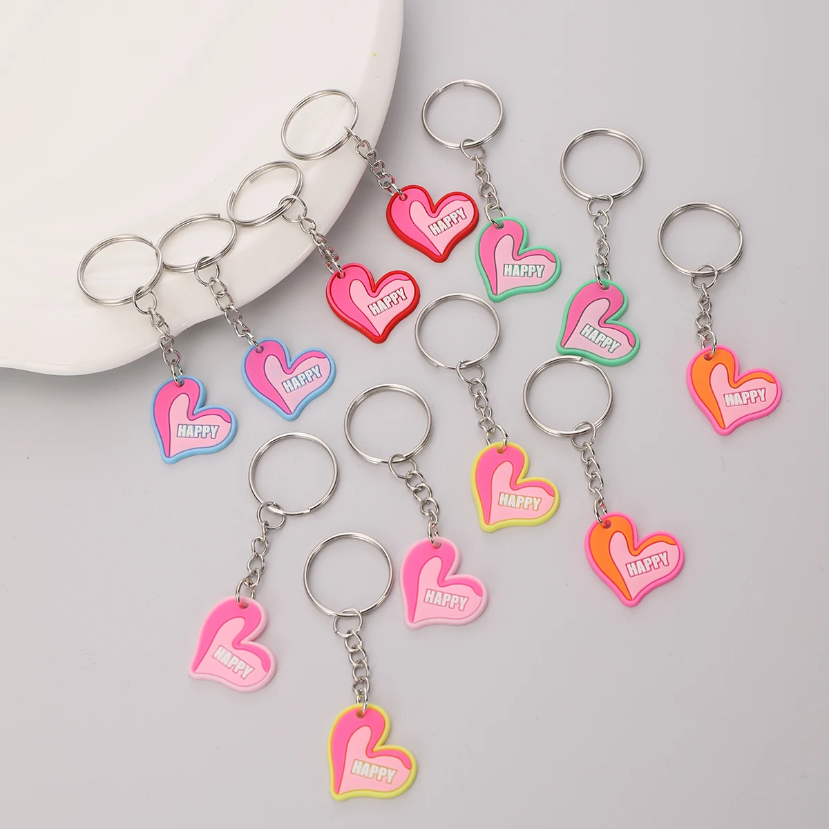 Llavero con letras de corazón feliz, llavero bonito de PVC rosa, anillo para bolso, mochila, encanto, cumpleaños, Día de San Valentín, decoración de fiesta, regalo, 12 piezas