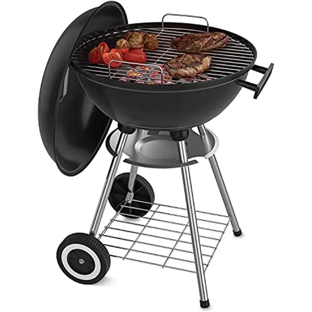 

Portable Charcoal BBQ Grill with Wheels, Outdoor Cooking, Camping Grill, Patio Backyard Barbecue Grills, 18 Inch