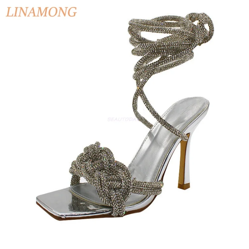 Women's Bling Crystal Rhinestone Strappy Sandals Open Square Toe Knotted Vamp Design Wrap Around Ankle Tie Sculptural Heel