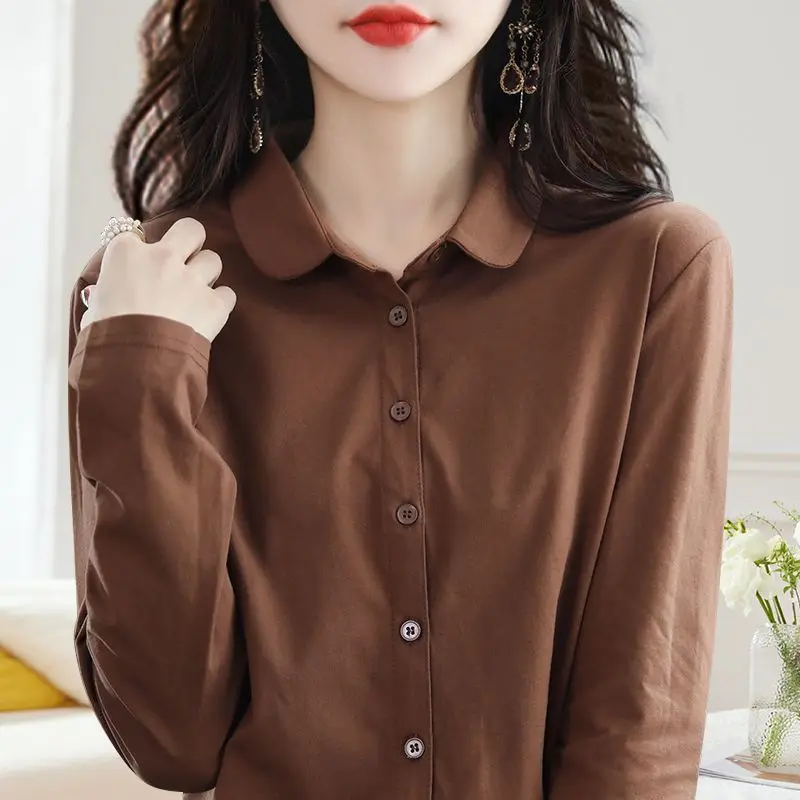 Hot Selling Large Size Pure Cotton Long Sleeved Shirt for Women\'s Spring Autumn Elegant High-end Base Shirt Loose Slimming Top