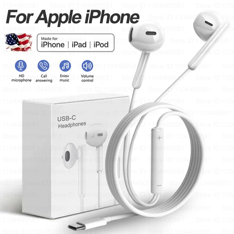 For Apple Original Headphones For iPhone 16 Pro Max 15 14 13 12 11 in-ear Earphones XS XR 8 6 7 Wired Headset Phone Accessories