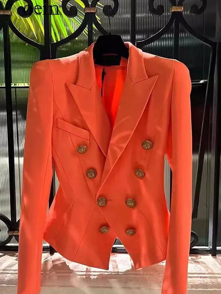 

[oein] 2024 Autumn Orange Metal Buckle Suit Jacket For Women's Clothing, Niche French Style, Light Mature, Professional Capable