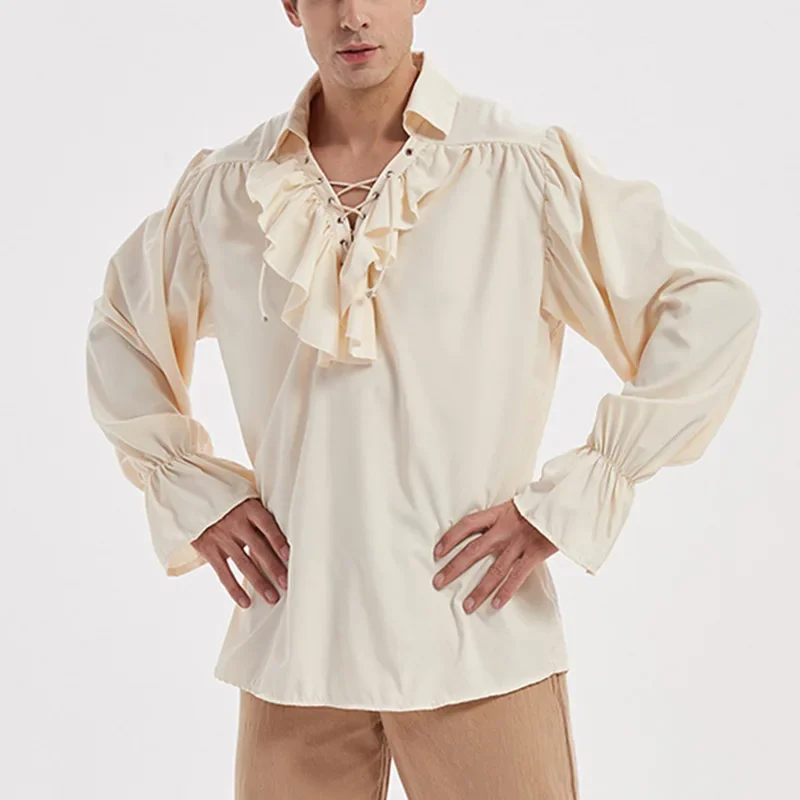 Mens Renaissance Costume Ruffled Long Sleeve Lace UP Medieval Steampunk Pirate Shirt Cosplay Prince Drama Stage Costume Tops