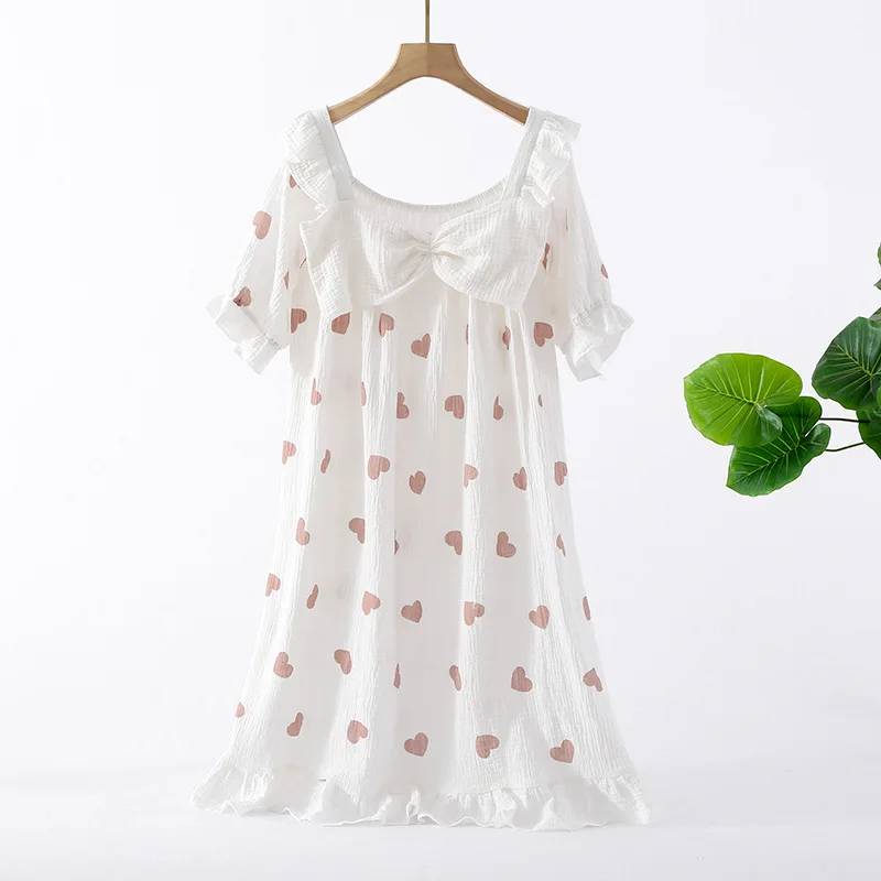 New Summer Long Dress Ladies Short Sleeve Nightdress 100% Cotton Crepe Loose Home Cute Bow Love Dress Home Skirt sleepwear women