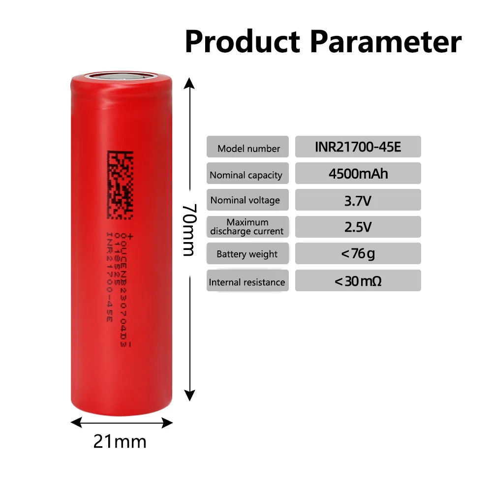 21700  4500mAh 3.7V 3C High Power Discharge Large Capacity Rechargeable Battery