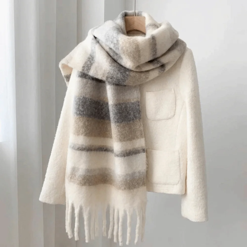 Wool Scarf Men - ผ้าพันคอขนแกะลายทางโมแฮร์สุดหรูพร้อมพู่ ผ้าพันคอแคชเมียร์หนาสำหรับฤดูหนาว สไตล์เกาหลี ผ้าพันคออุ่นคอสำหรับผู้หญิง/ผู้ชาย