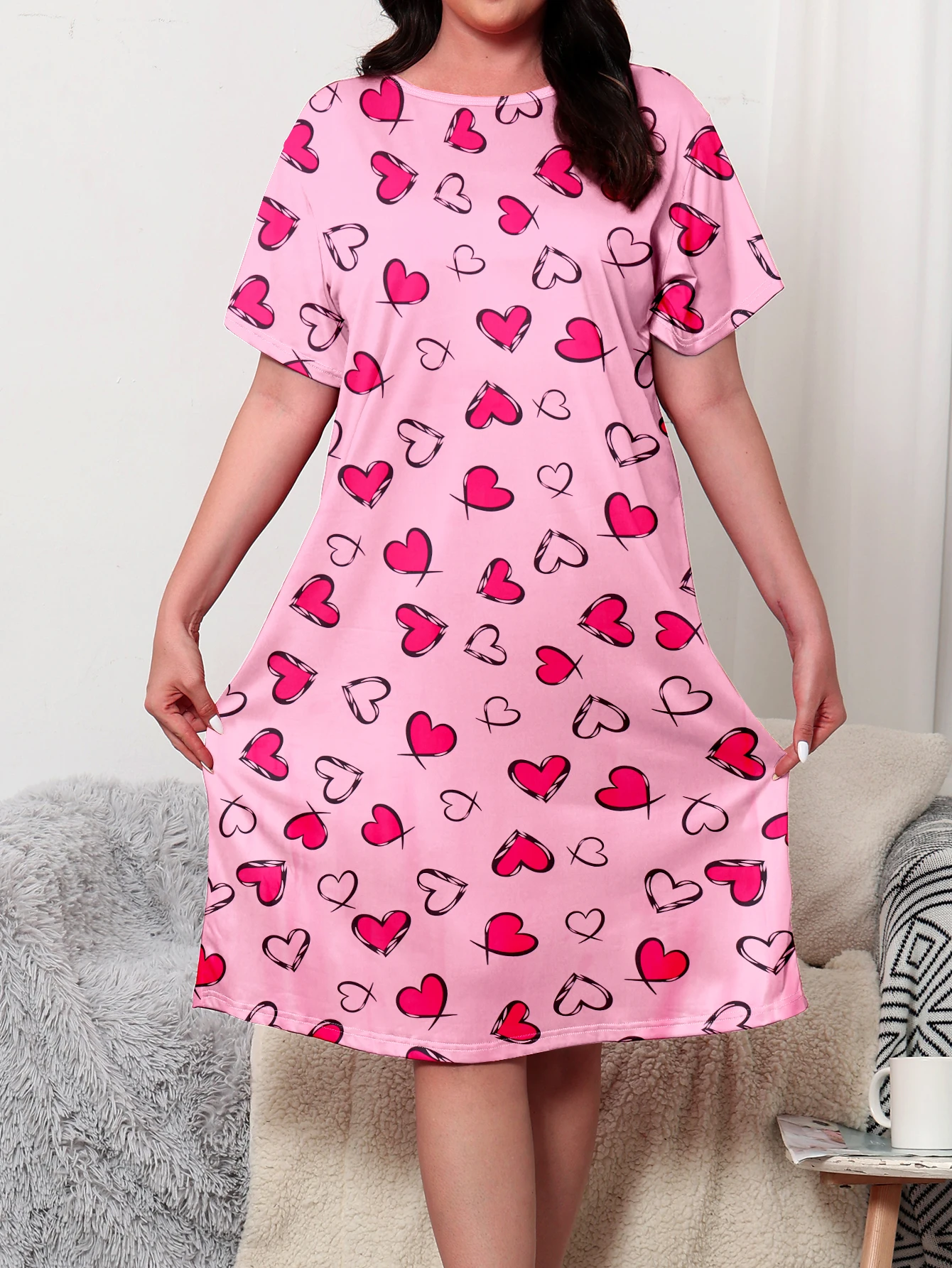 Plus Size Dress Over Knee Love Picture Home and Casual Wear Both Plus Size 1-5XL 2024 New Dress