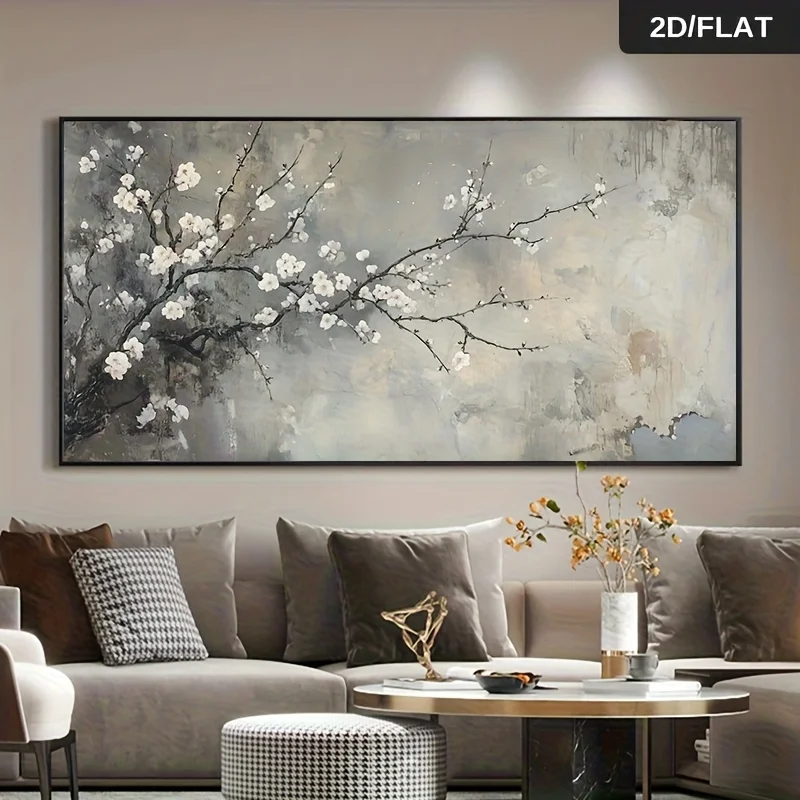 2DFlat 1pc Frameless Modern Print Wall Art Vintage White Floral Branches Painting for Living Room Large Size Canvas Poster Decor