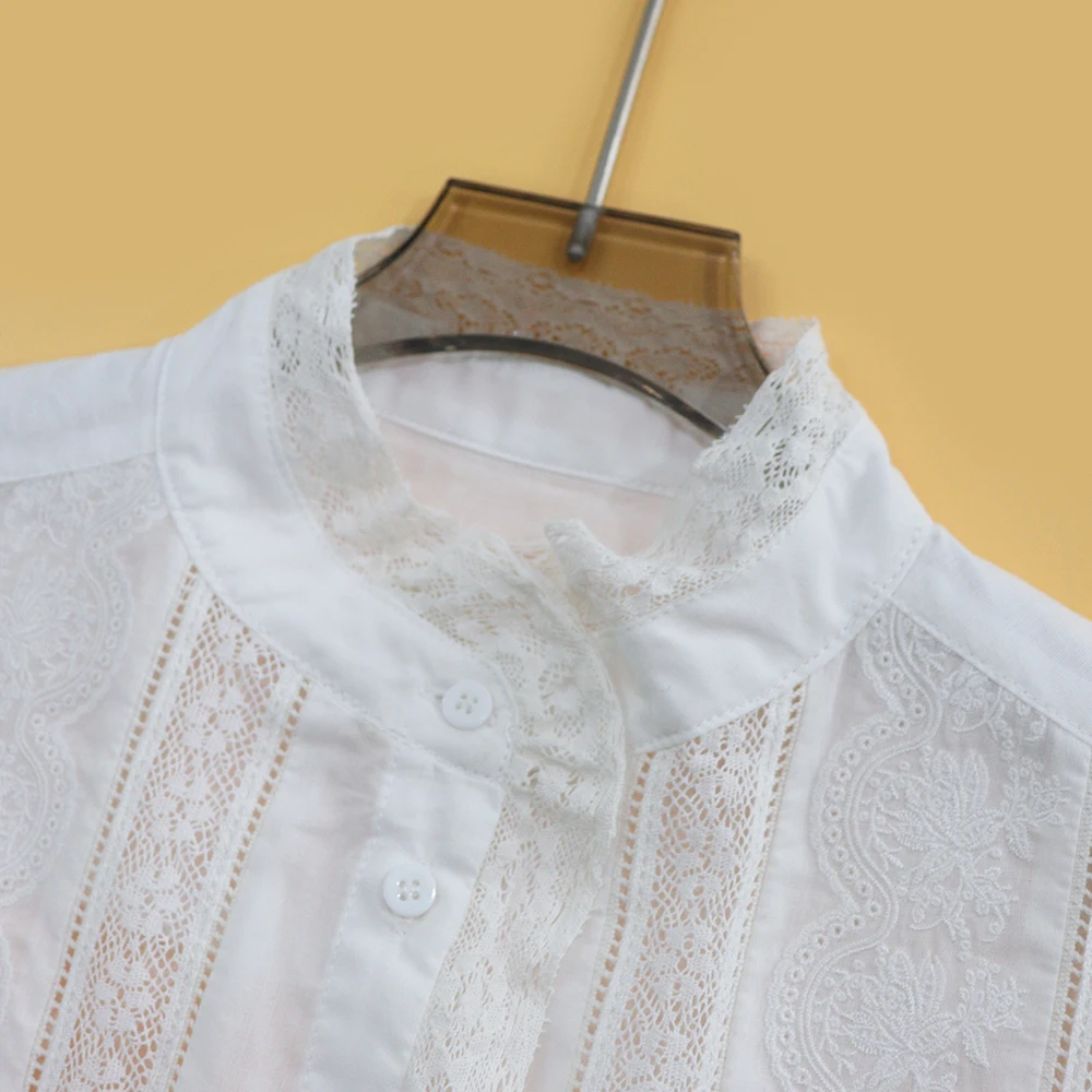 Lente 2025, lange Sve geborduurde kanten kraag irt dames Busin casual katoenen rechte snit top Heidd woon-werkverkeer Sle