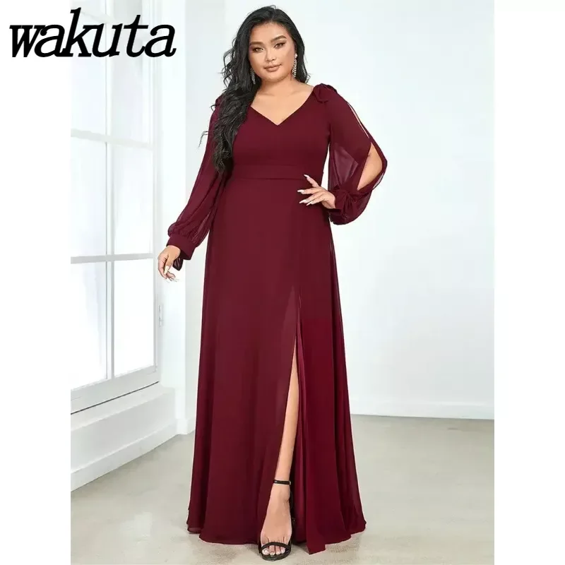 

Wakuta Plus Size Evening Dress Long V-Neck Full Sleeves Floor-Length Chiffon Luxury Bridesmaid Women Vestidos Formal Party Gowns