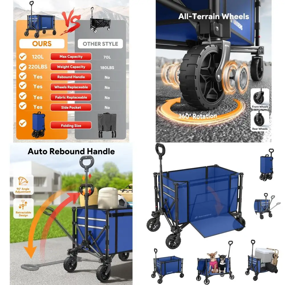 

Folding Utility Wagon, 220lbs Capacity, 120L Storage, Ideal for Beach, Garden, Camping, and Sports, Indigo