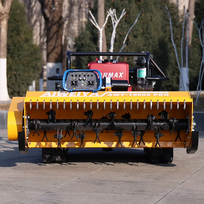 Customized EPA and CE certified, this high-efficiency remote-controlled lawnmower is suitable for various terrains.