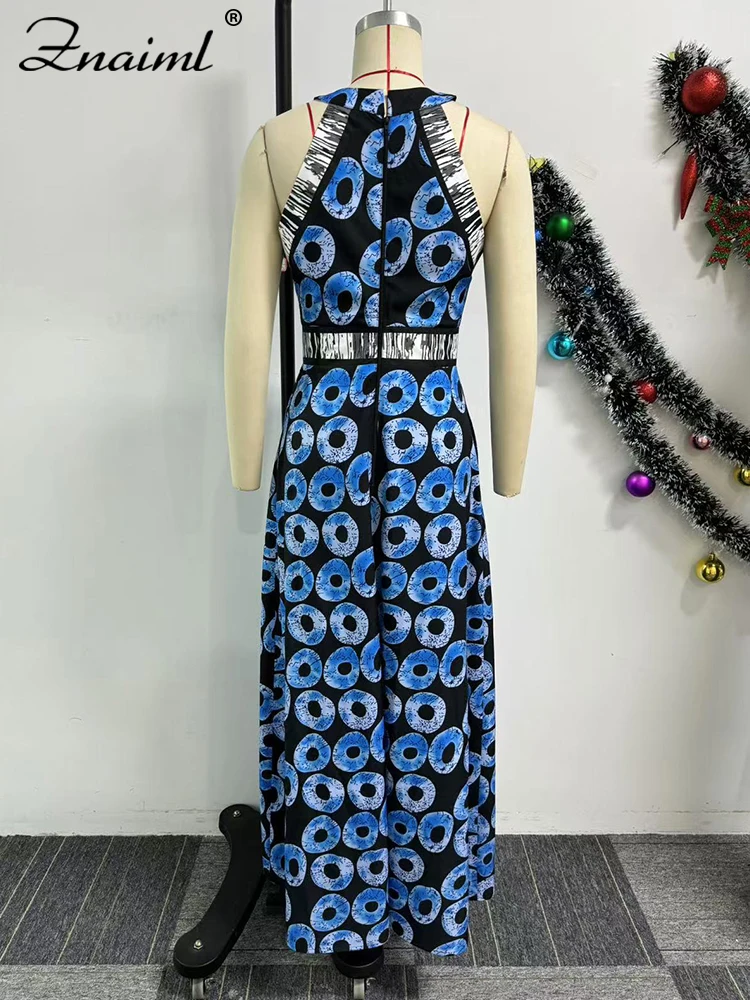 Znaiml Elegant Indie Folk Blue Retro Print A-line Long Dress Women O Neck Sleeveless Birthday Evening Prom Vacation Vestidos New