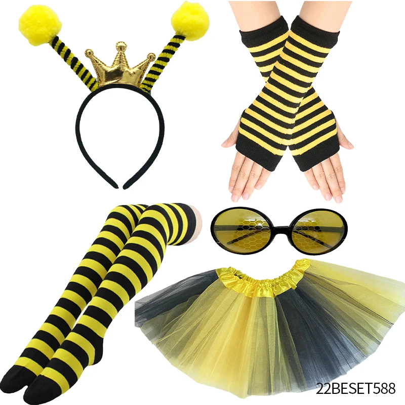 PESENAR The bee costume is garish with bee striped leg warmers knee-high stockings, bee sunglasses and long gloves