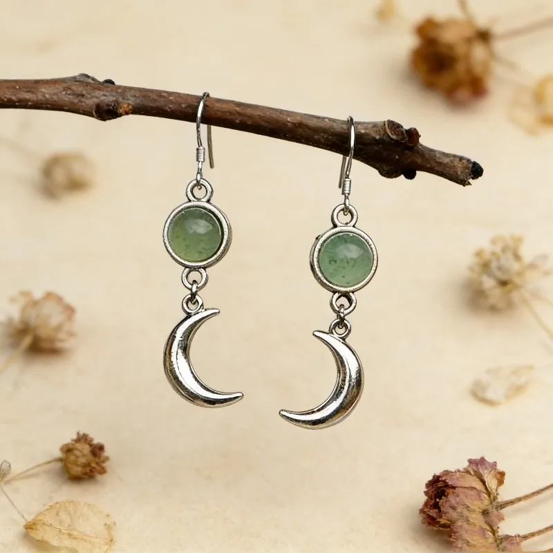 Personalidade criativa prata cor lua brincos requintado redondo incrustado pedra verde brincos de gota para mulher jóias de noivado