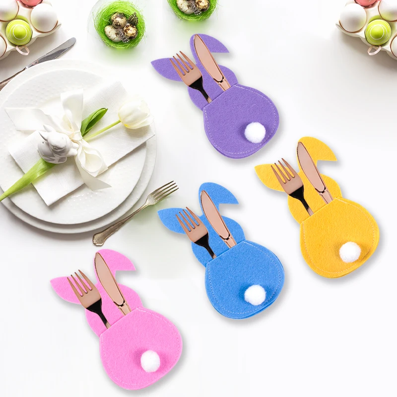 4 قطعة أرنب عيد الفصح شكل حقيبة أدوات المائدة سكين شوكة أدوات المائدة حامل جيب عيد الفصح حفلة عشاء الجدول حلية الربيع لوازم الحفلات #4