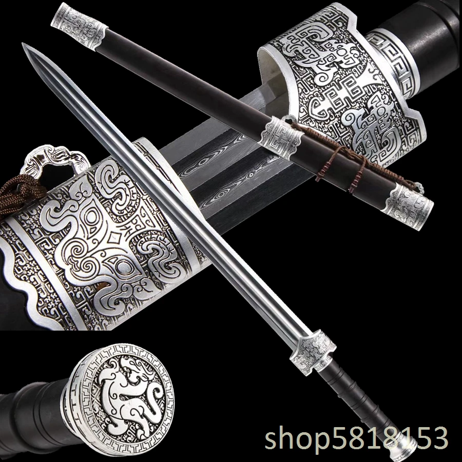 Red Meng steel Carve blade Chines han sword gold dragon accessories  black saya black handle