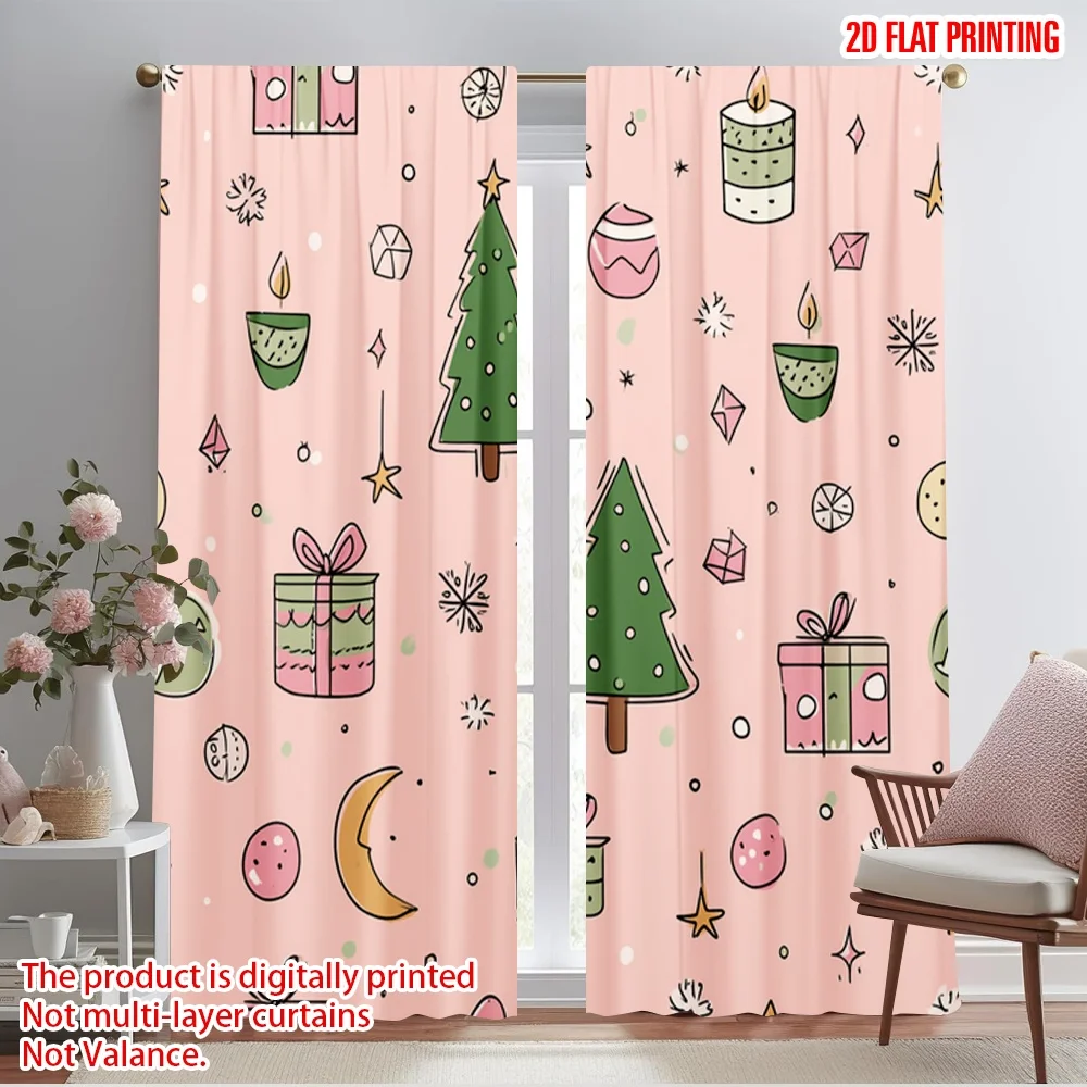2pcs,2D plane printing Light Filtering Curtains Christmas ornament Versatile Fabric (without rod) Decorations Inside Use for