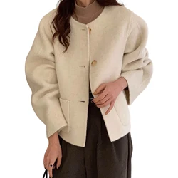 Round Neck Jacket Stylish Single-breasted Women's Coat for Fall Spring Long Sleeves Cardigan in Solid Color Loose Fit for Dating