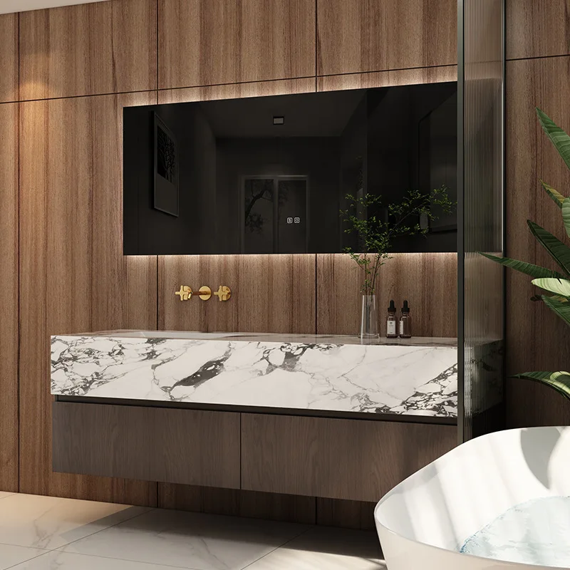 Bathroom Furniture Solid Wood Cabinet with Slate Integrated Basin Sink Wash Basin with And Mirror Vanity Toilet Simple Washbasin