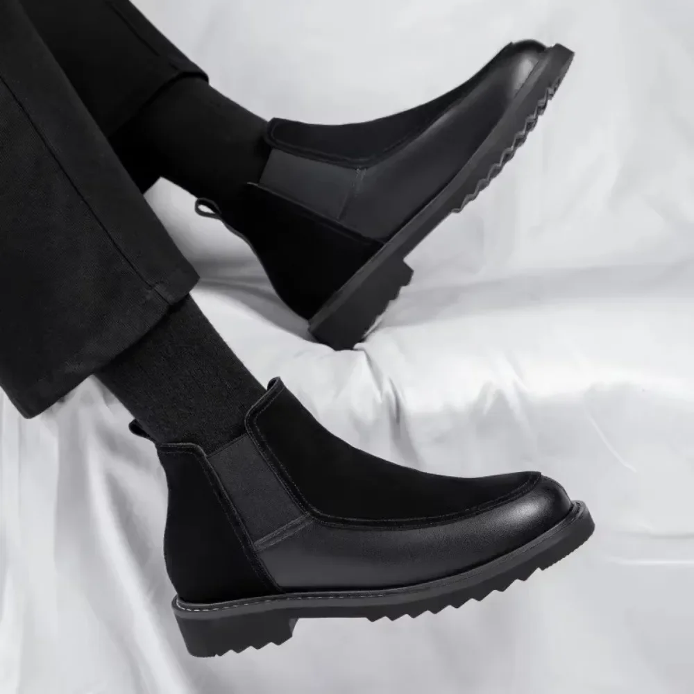 Leather Boots for Men\'s 2026 Winter New Leather British Style Chelsea Mens Botas Trend Versatile Shoes Plush High Top Male Boots