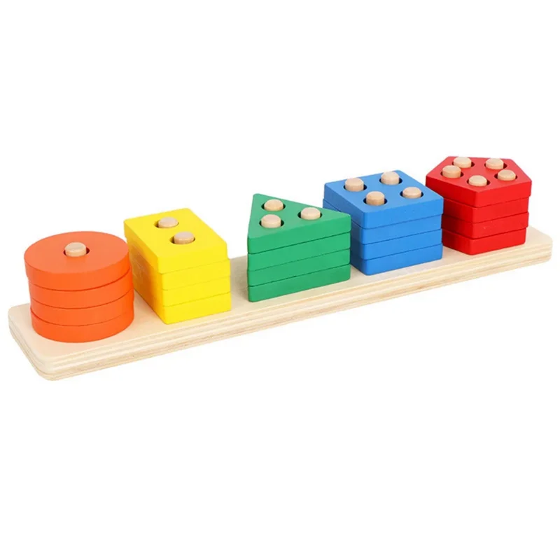 Montessori teaching aids wooden geometric shape columns five sets children cognitive building blocks matching educational toys