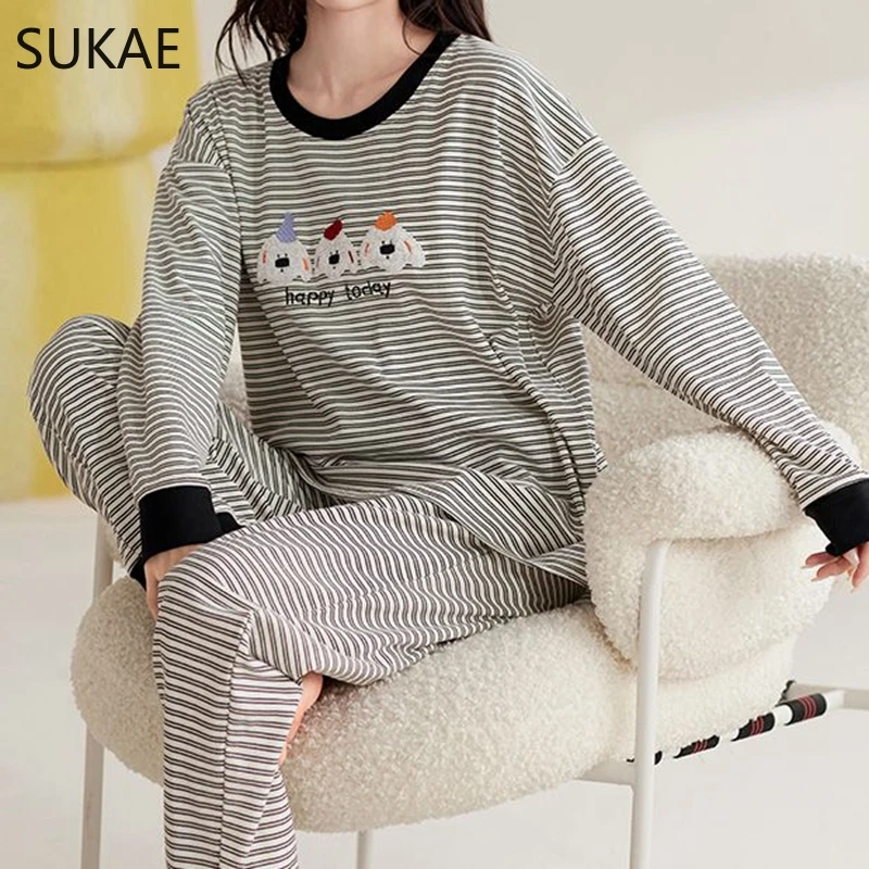 SUKAE Cute Cartoon Loungewear Women Autumn Spring Woman Pajama Set Homesuit Mujer Sleepwear Pullover Long Sleeves Girl Nightwear