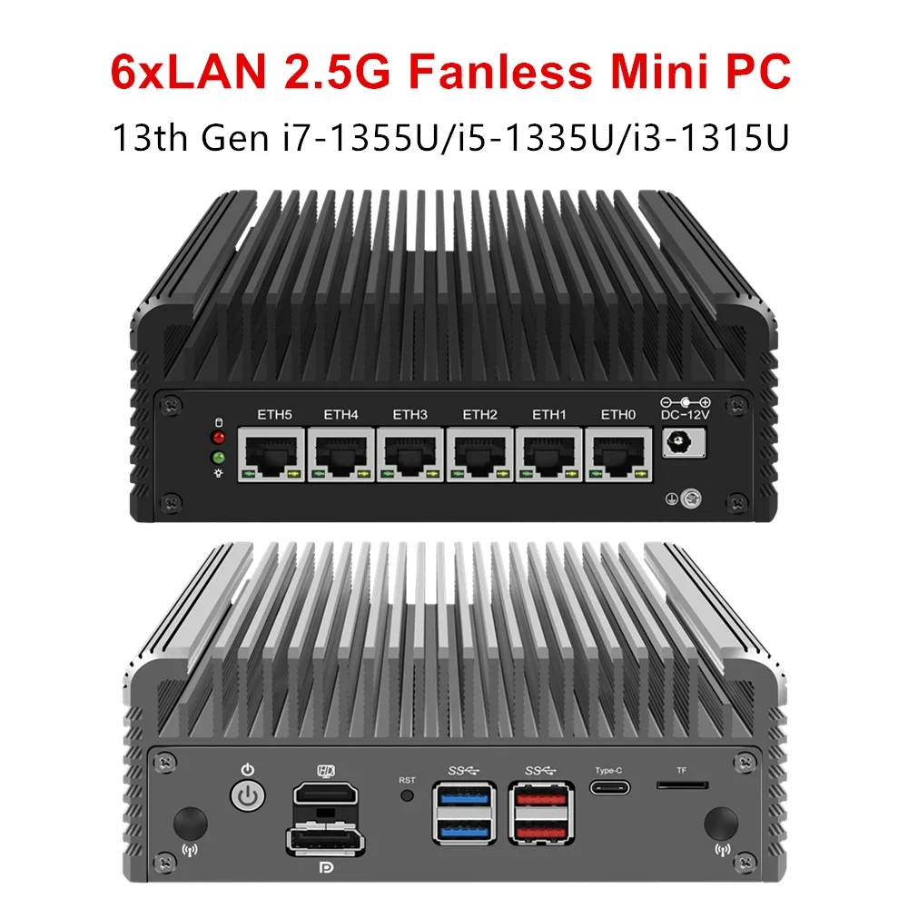 Mini PC sin ventilador 13th Gen 2,5G i7 1355U i5 1335U U300 Intel 6x i226-V LAN Firewall electrodoméstico enrutador suave Proxmox pfSense NAS