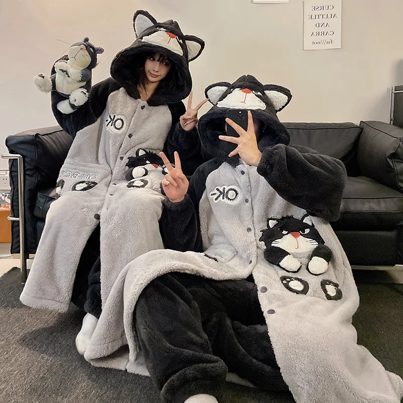 Winter Women\'s Pajamas Robes Kigurumis Cartoon Cat Coral Velvet Men Nightgown Thick Robe Two Piece Trousers Suits Robe Pijama