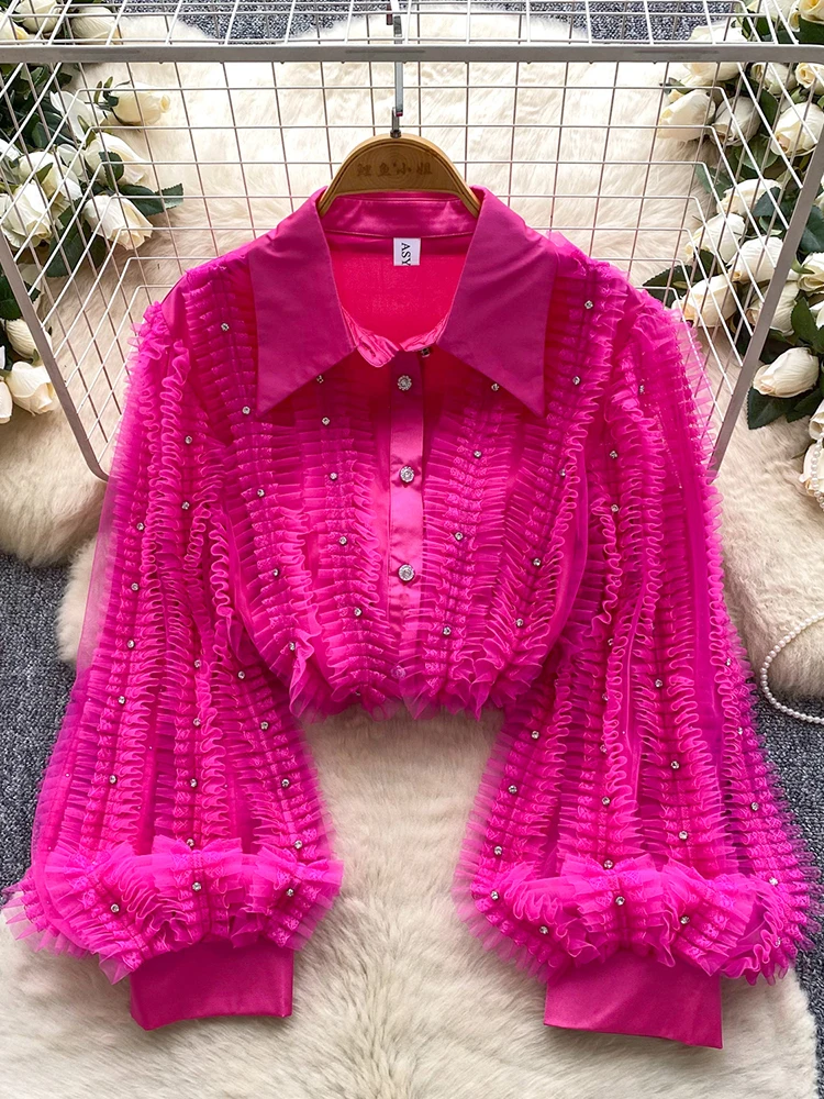 

Женская французская роскошная рубашка в придворном стиле с тяжелыми ногтями и бриллиантами, грибковый край, рукав-фонарик, свободная повседневная атласная блузка, женский топ BL269