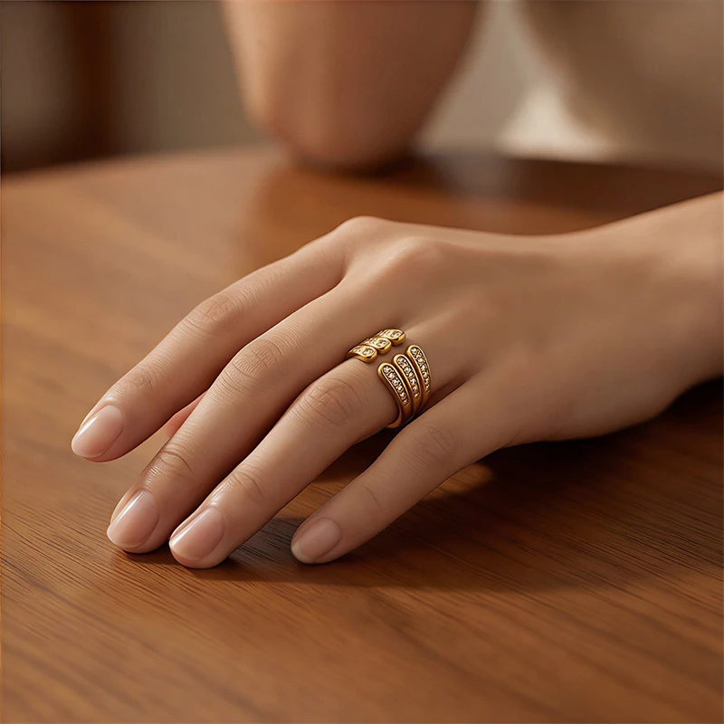 316L Stainless Steel 2026 New Fashion Waterproof Colorfast Jewelry Embed 3 Rows Zircon Women Luxury Adjustable Opening Rings