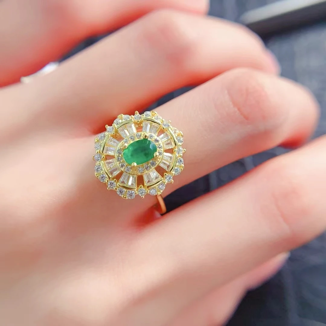 

Natural Emerald Wedding Ring for Women 4mm*6mm 0.4ct Natural Emerald Ring 18K Gold Plated 925 Silver Jewelry for Bride