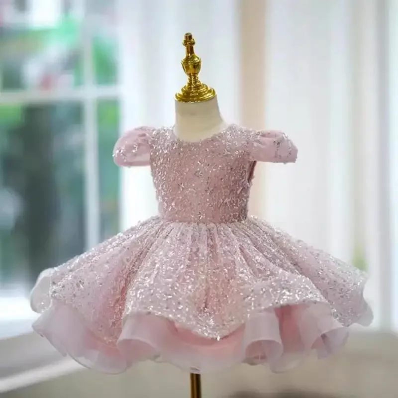 Sequined Girl Princess Dresses Round Neck Fashion Performance Costume Solid Color Children's Ball Dress Birthday Vestidos