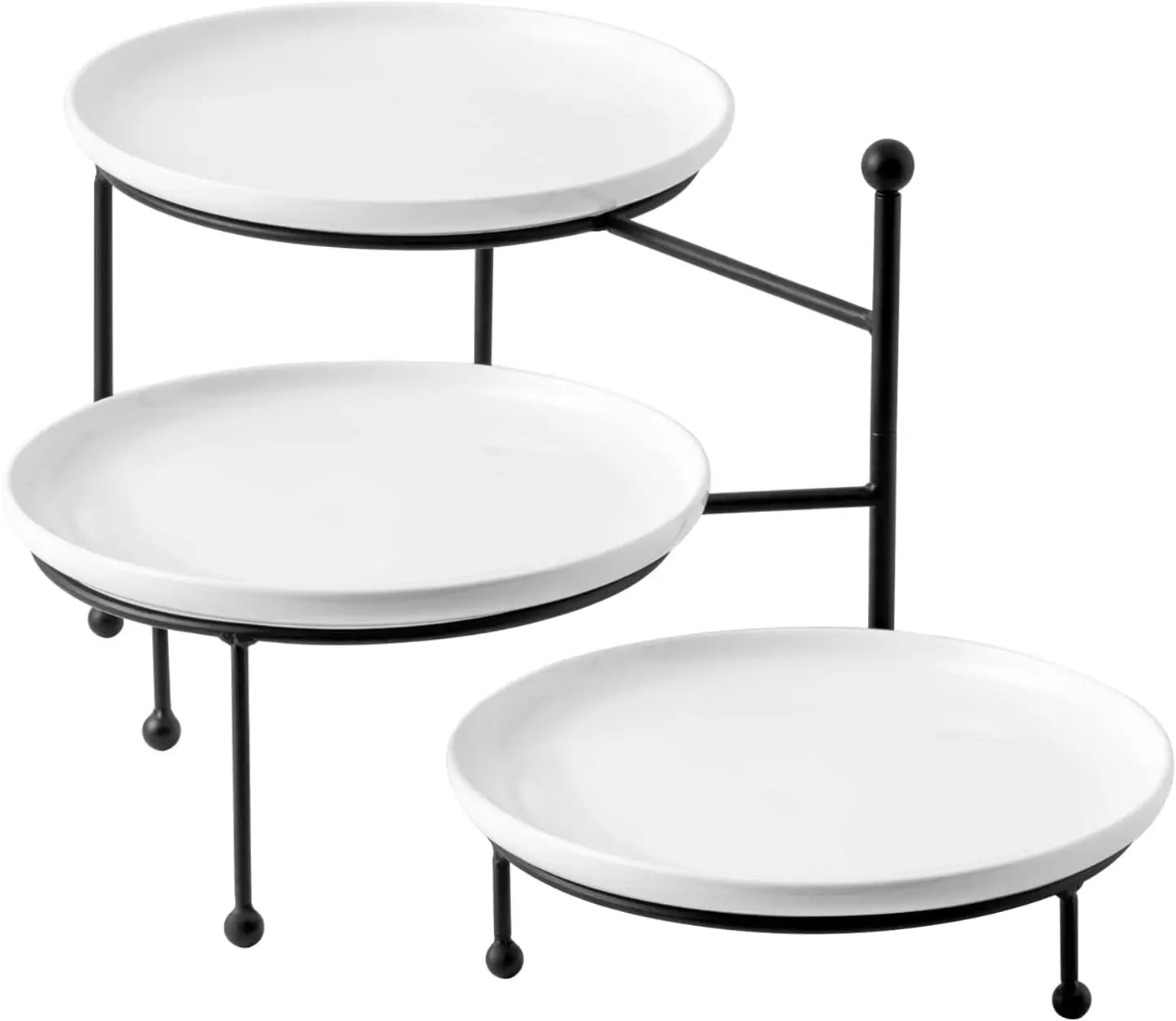 

3-Tier Serving Stand with White Porcelain Plates, 10" Round Tray, Black Metal Display Set for Parties