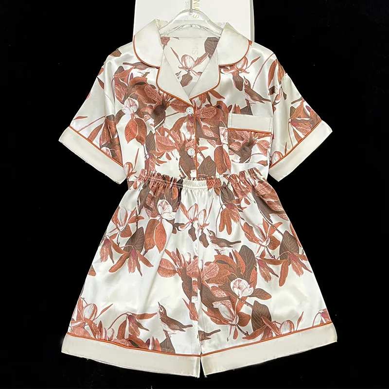 

French Retro Women Pajamas Set Pijama Silk Satin Pyjamas Floral Loungewear Short-sleeved Homewear Ice Silk Summer Pajamas Woman