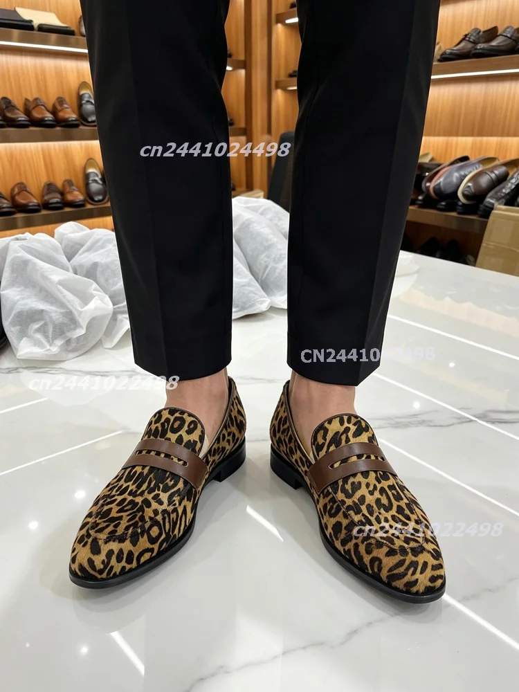 Men's Fashion Pointed Toe Leopard Print Loafers Faux Pony Hair Penny Strap Slip On Handmade Faux Leather Patchwork Footwear