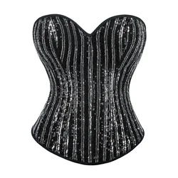 Women Sexy Corset Sequined Bustier Gothic Lace Up Boned Overbust Corselet Lingerie Top Burlesque Showgirl Costumes