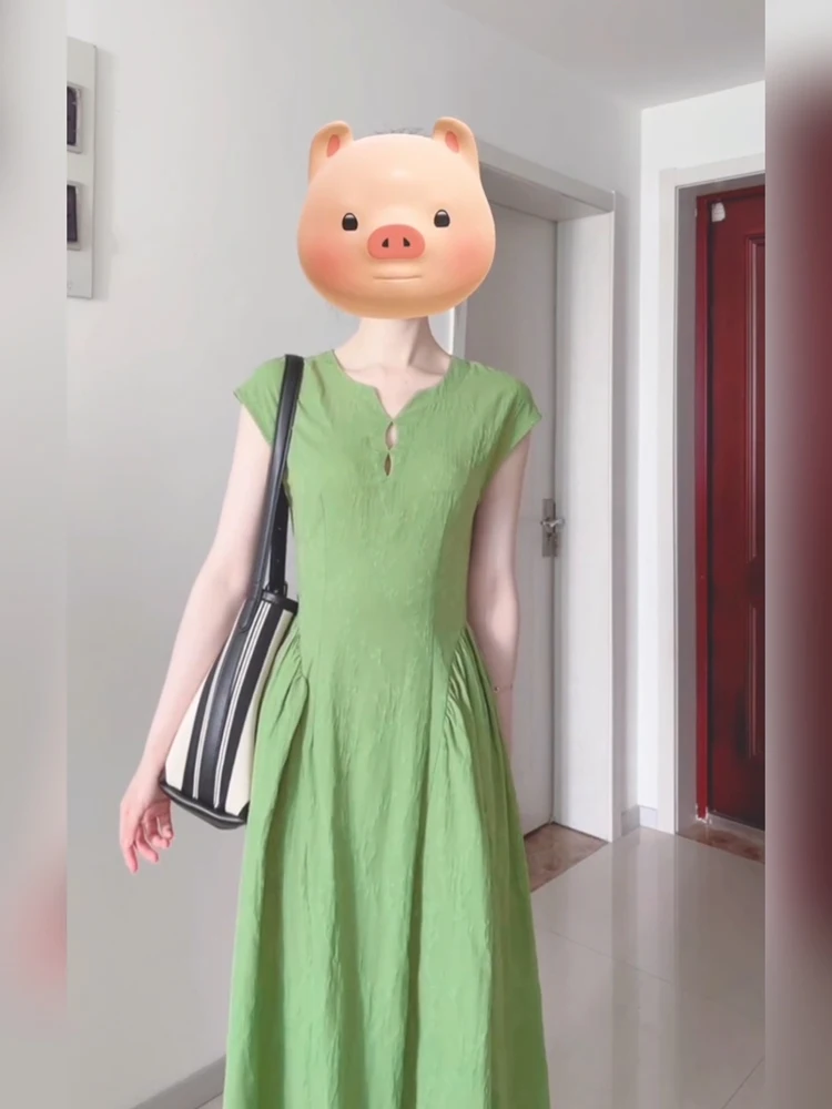 

XZY Xinzhengyan plus Size Chinese Style Green Dress Women's Vintage High Waist Long Dress Elegant Atmosphere A-Line Skirt
