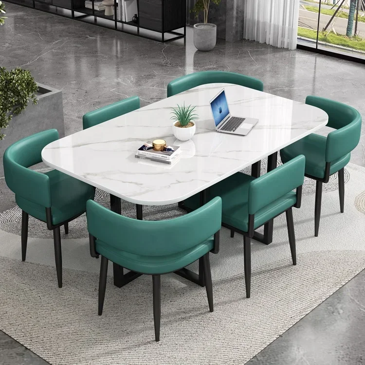 Luxury Unique Design Metal Iron Base Dining Tables and 6 Chairs Marble Rectangular Modern Cafe Dining Table Chair Sets