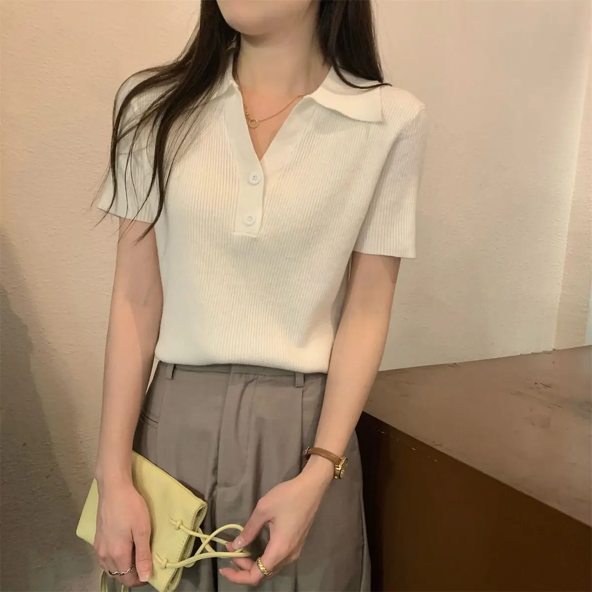 Summer New Polo Collar Solid Color Casual Short Sleeved Shirt Loose Slimming Fashion Simplicity Basic Young Style Loose Lady Top