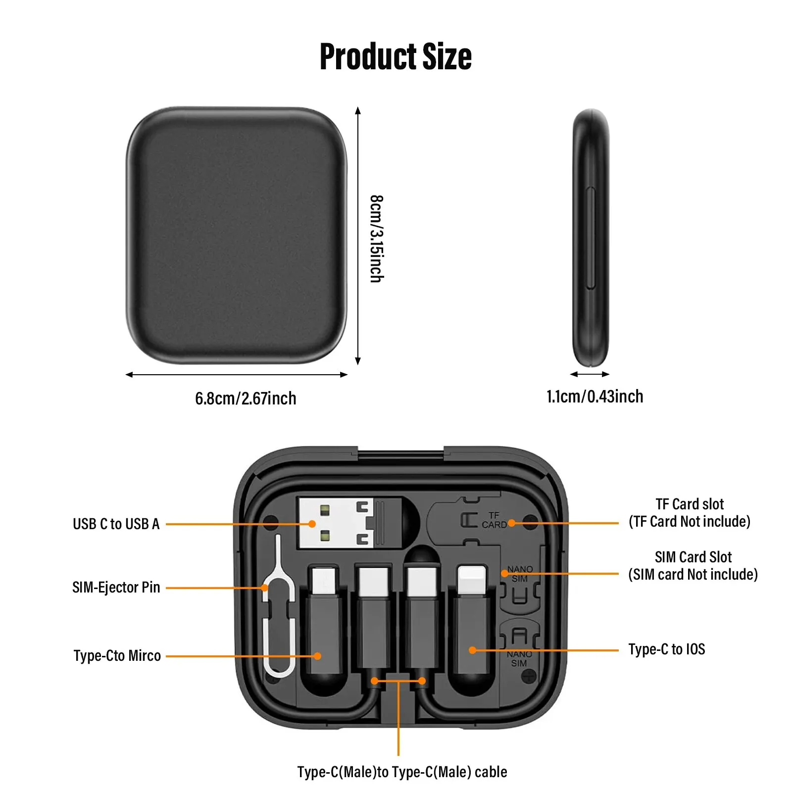 8 in 1 USB Adapter Cable Organizer,Cable Kits, Cable Case Storage Box,Contains Sim Card Slot Tray Eject Pin,Use as Phone Holder