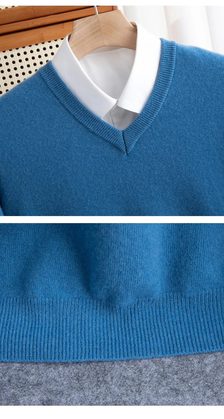 100% reiner Merinowollpullover für Herren, V-Ausschnitt, Strickpullover, große Größen, Kaschmir, Herbst/Winter, neuer Langarmpullover, hochwertige Oberteile – Detail 16