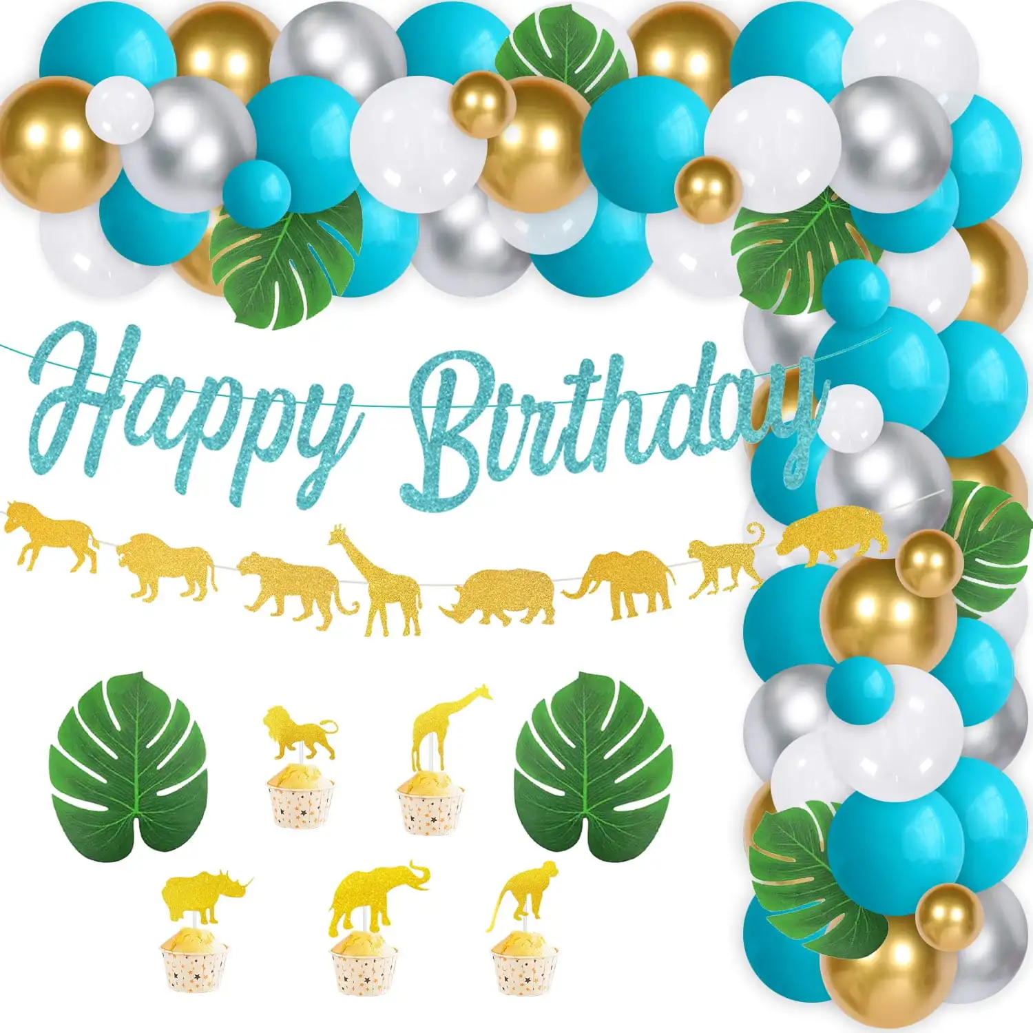 SURPRISE-Jungle Animal Theme Birthday Party Decorations, Garland Arch Kit, Letter Banner, Animal Toppers, Decoration Supplies