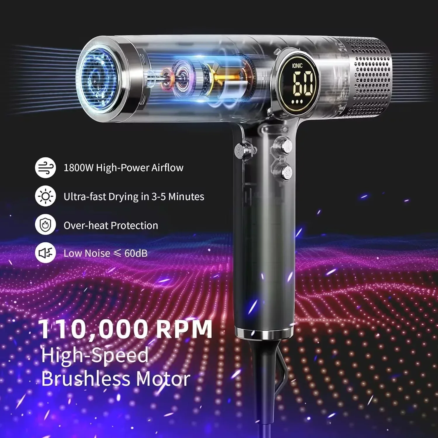 5 in 1 Professional Led Display Hair Dryer 110000RPM High-Speed Brushless Motor Negative Ionic Blow Dryer for Fast Drying