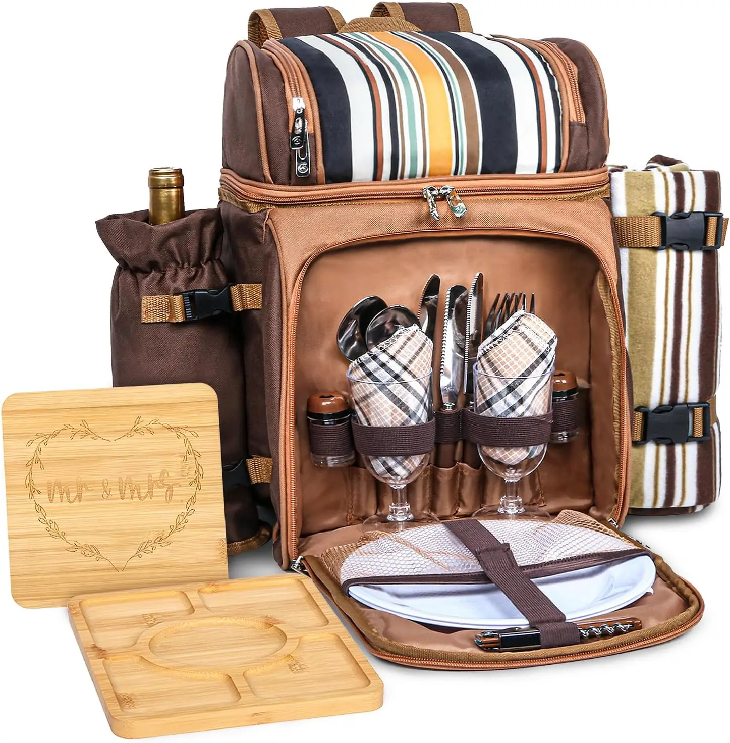 Picnic Basket Backpack for 2 People with Blanket and 2 Charcuterie Boards, Engagement Gift for Couples, Wedding, Housewarming, White Elephant, Bridal Shower Gift Idea