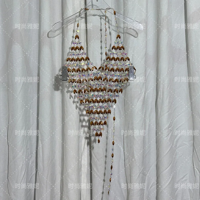New Europe And The United States Beaded Gemstone Chain Women'S Backless Undershirt Halter Neck Pendant Chest Jewelry Tide