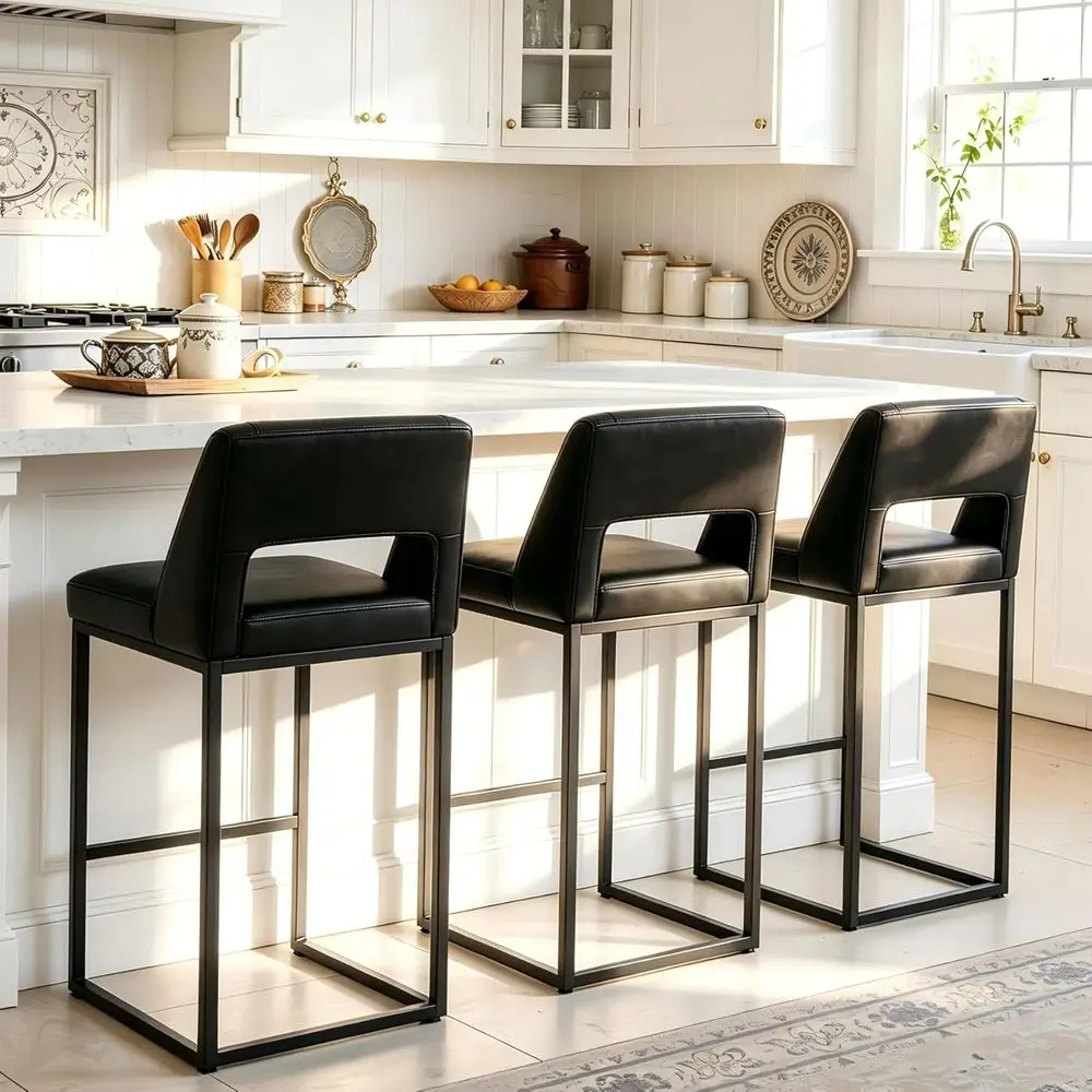 

Set of 3 Black Counter Height Bar Stools with Upholstered Leather Seats and Metal Legs, 26 Inch
