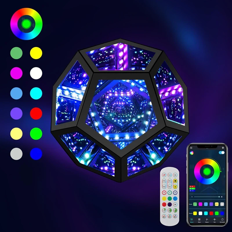 ABVJ-ضوء مرآة، ضوء Dodecahedron لا نهائي لديكور غرفة الألعاب، مكعب ثلاثي الأبعاد، إضاءة ليلية متغيرة الألوان RGB